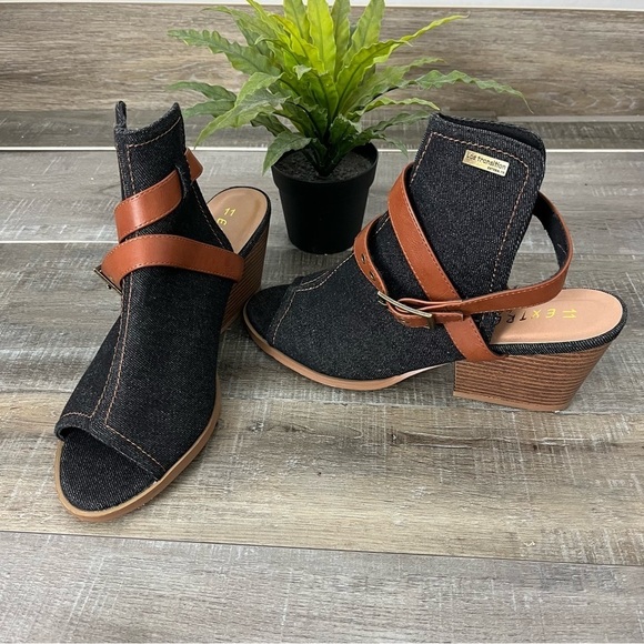 Extreme by Eddie Marc Blue Denim Sandal Block Heels Size 11 - Picture 5 of 12